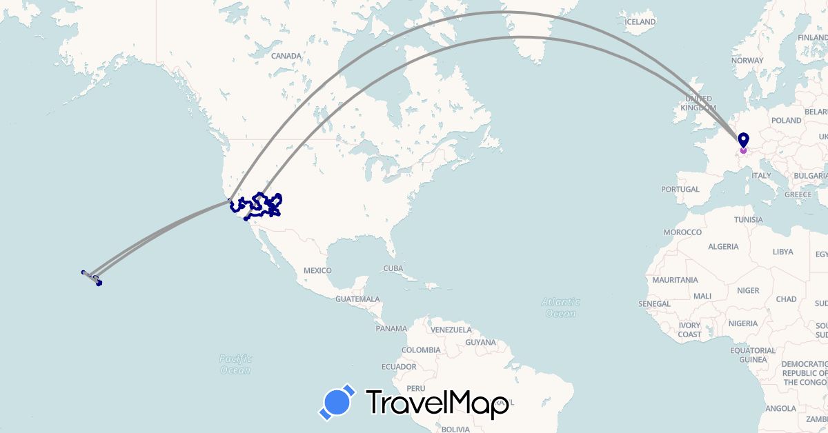 TravelMap itinerary: driving, plane, cycling, train, hiking, boat in Switzerland, United States (Europe, North America)